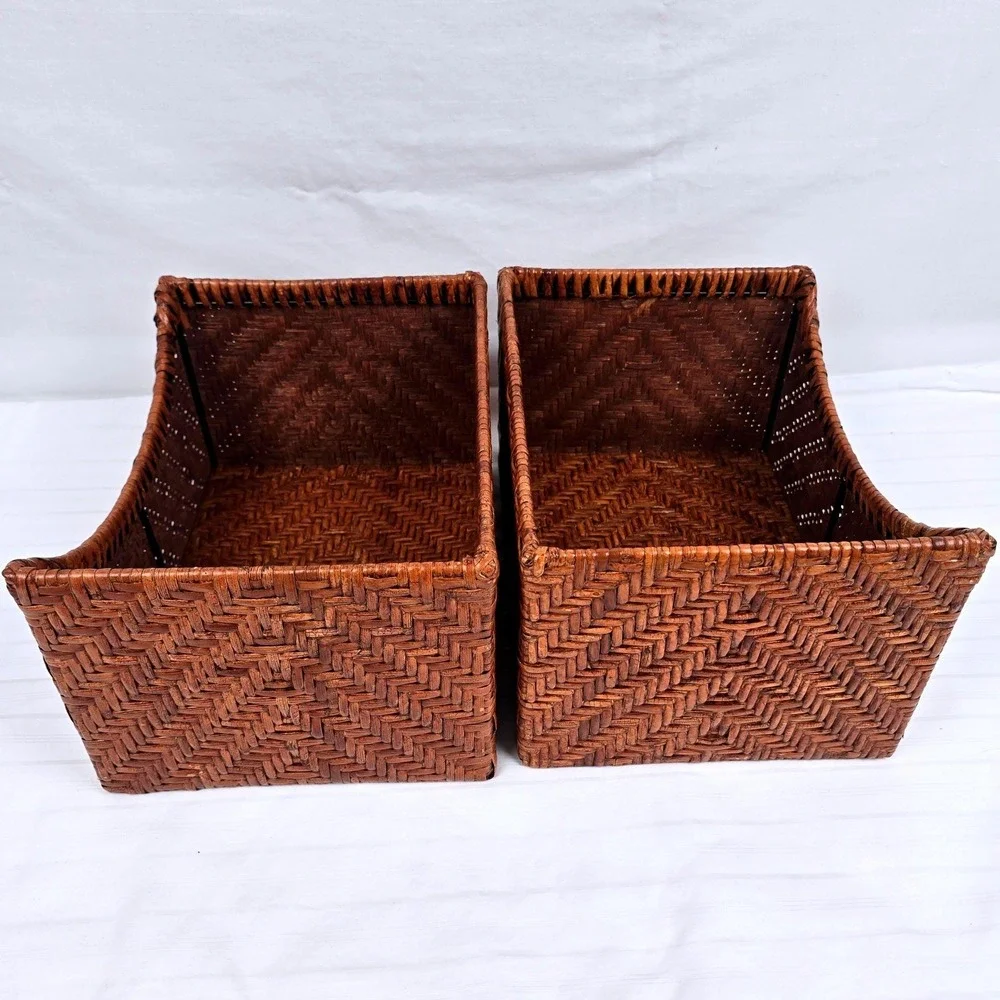 Set of 2 Woven Wicker Storage Baskets Brown Chevron Sloped‎ Farmhouse Organizer
